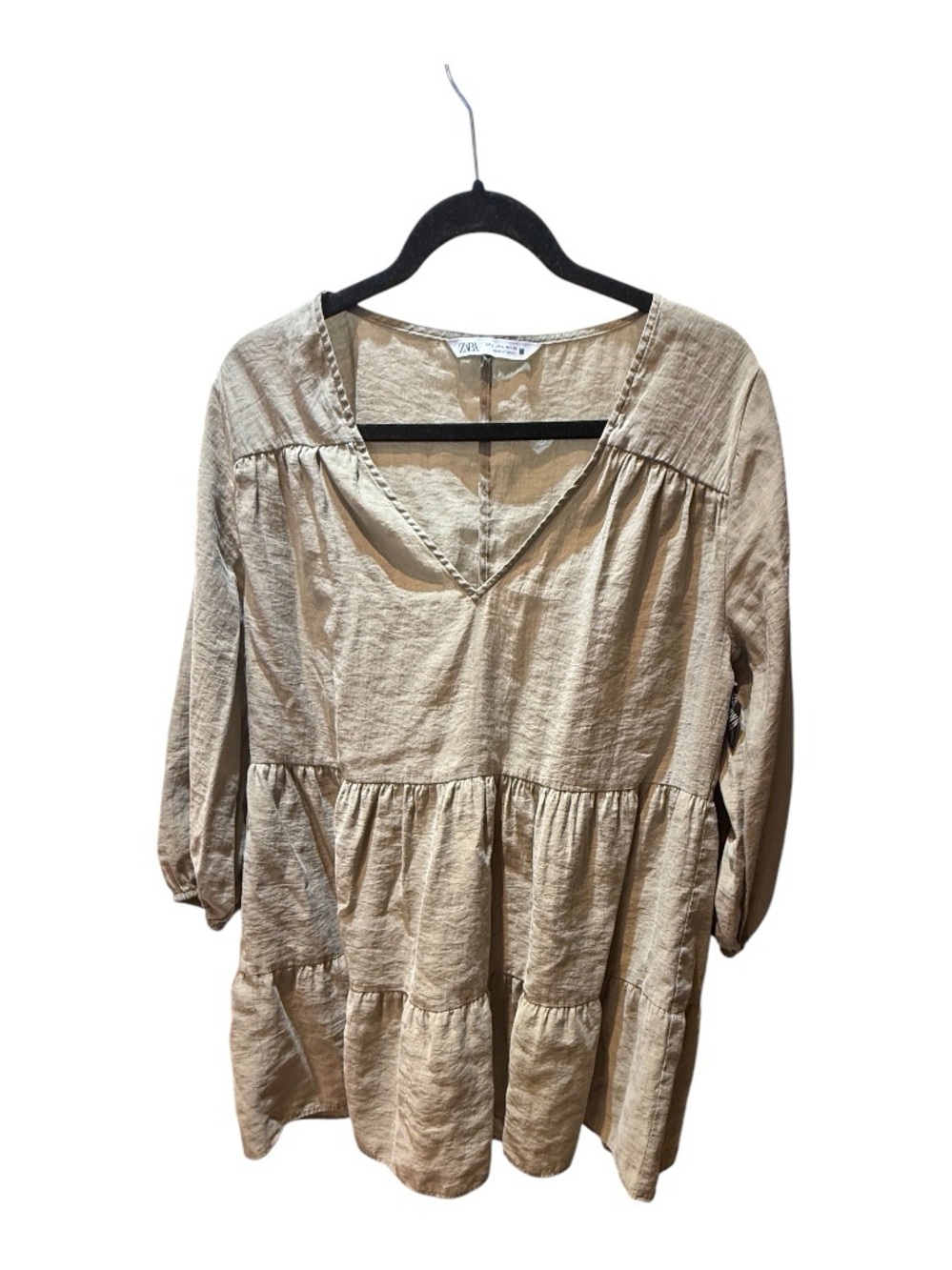 Zara Olive Green Tiered Mini Dress Long Sleeve Boho Large - Picture 3 of 6